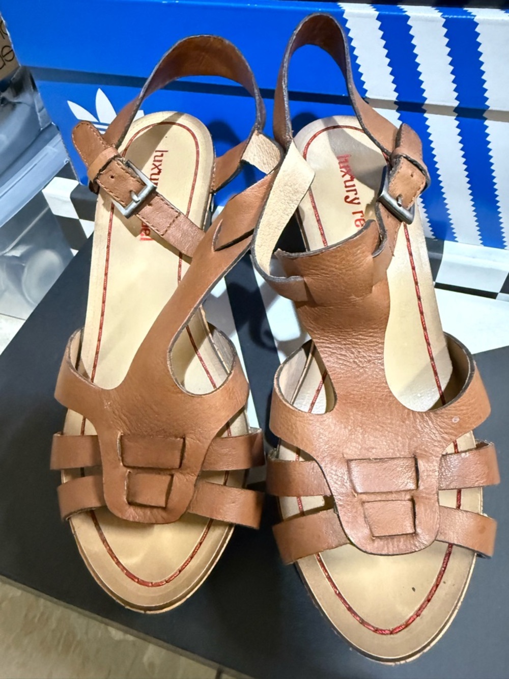 luxury rebel Tan Leather Wedge Sandals